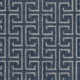 Wool-blend broadloom carpet swatch in an interlocking linear print in white on a navy field.