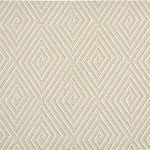 Outdoor broadloom carpet swatch in a dense repeating diamond pattern in white on a cream field.