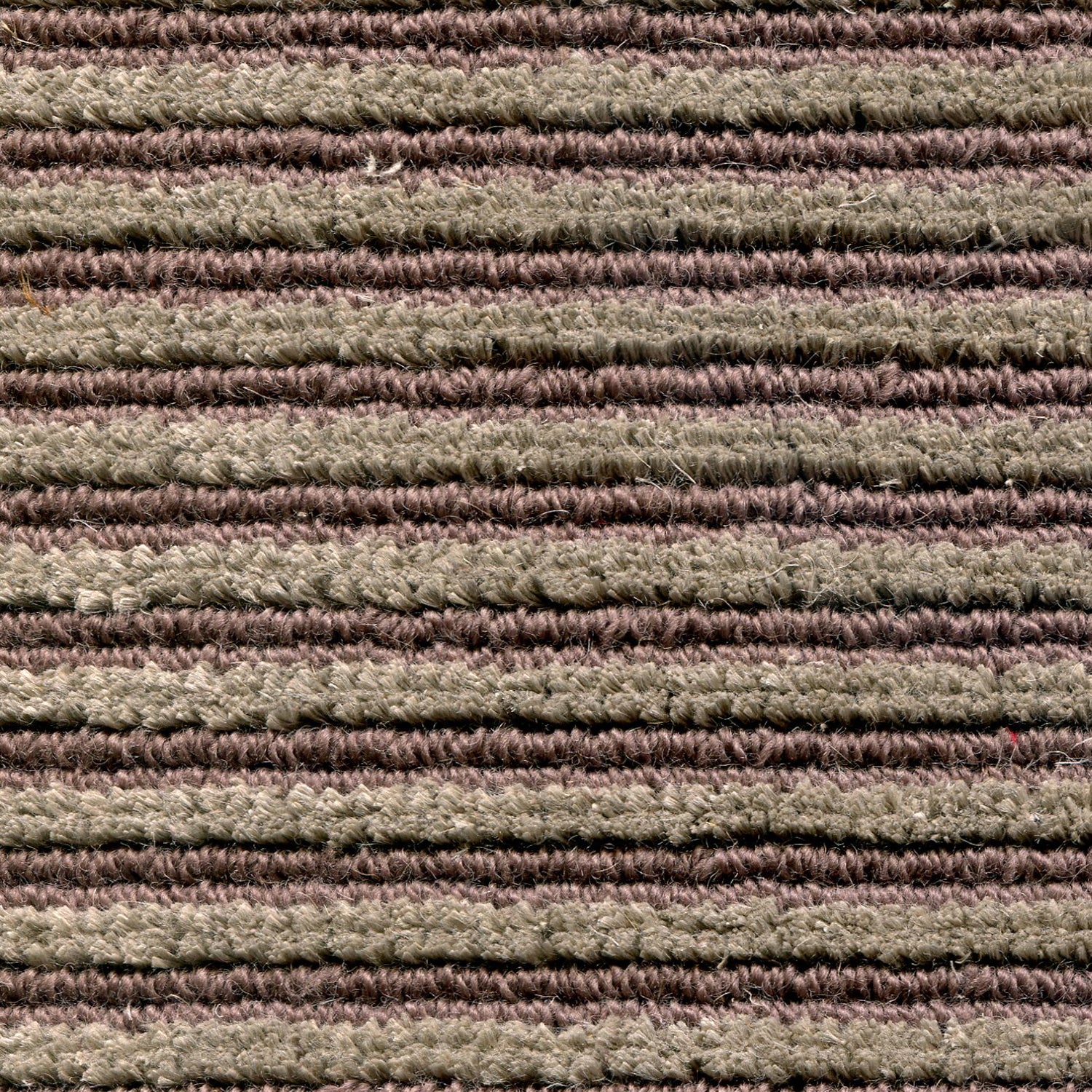 Wool-linen broadloom carpet swatch in a chunky striped weave in mauve and brown.