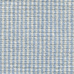 Wool broadloom carpet swatch in a high-pile striped weave in cream and light blue.