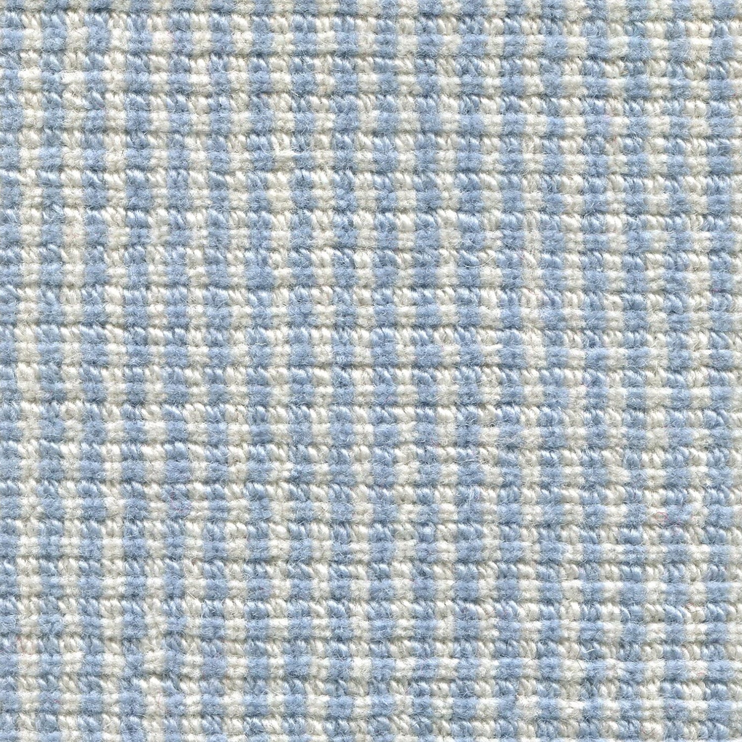 Wool broadloom carpet swatch in a high-pile striped weave in cream and light blue.