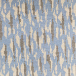 Wool-blend broadloom carpet swatch in a repeating abstract print in cream and gold on a sky blue field.