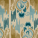 Detail of Fenwick Floral rug featuring a graphic floral motif paired with a painted linear design in cyan, teal and chartreuse on an ivory background