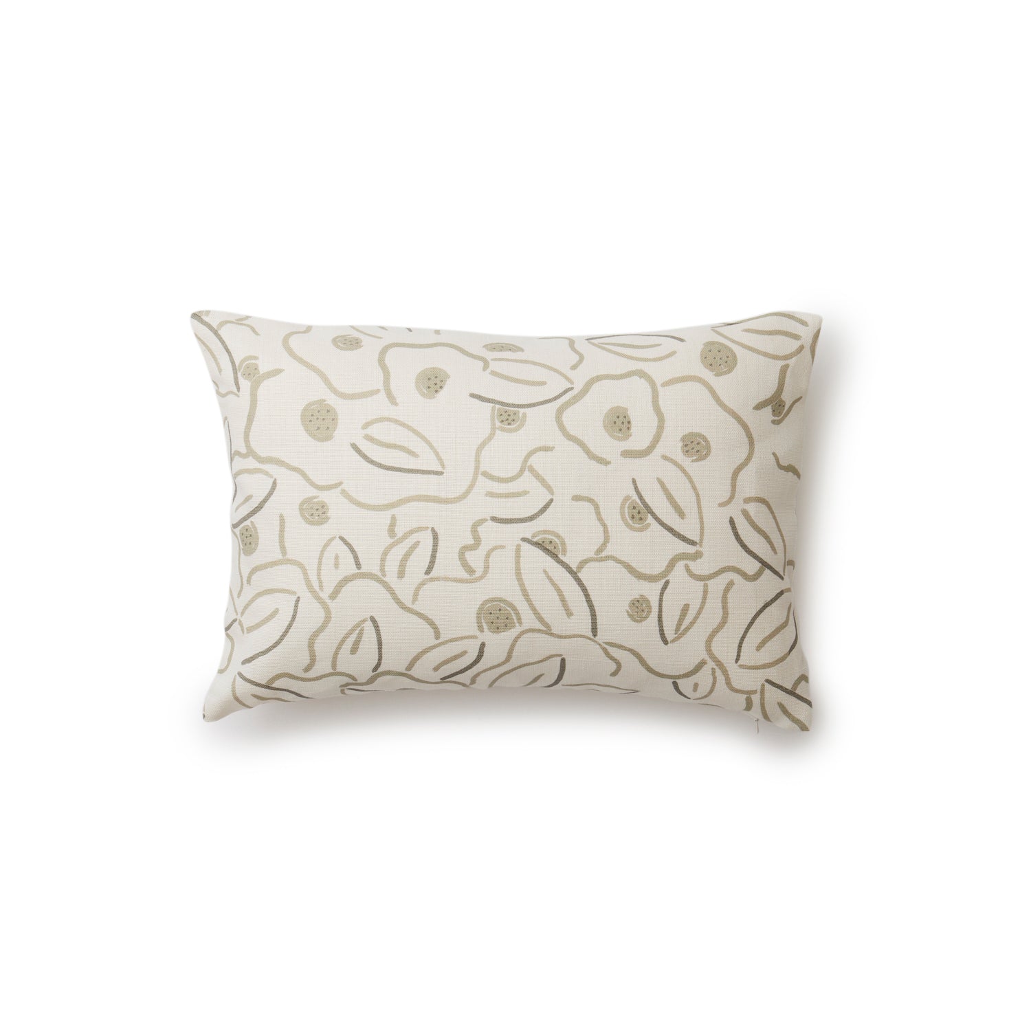 A rectangular throw pillow in a large-scale minimal floral print in shades of tan and brown on a cream background.