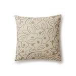 A square throw pillow in a large-scale minimal floral print in shades of tan and green on a cream background.