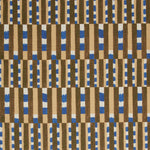Fabric with pattern of vertical stripes of light tan, dark olive green and dashes of cobalt blue and white.