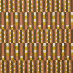 Fabric with pattern of vertical stripes of pink, warm olive green and dashes of yellow and white.