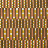 Fabric with pattern of vertical stripes of pink, warm olive green and dashes of yellow and white.
