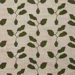 Fabric swatch with a three leafed plant in a pot motif in bottle green on a textured woven linen in oatmeal.