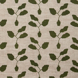Fabric swatch with a three leafed plant in a pot motif in bottle green on a textured woven linen in oatmeal.