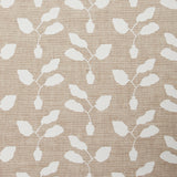 Fabric swatch with a three leafed plant in a pot motif in white on a textured woven linen in oatmeal.