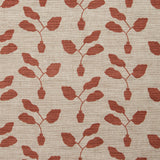 Fabric swatch with a three leafed plant in a pot motif in warm coral on a textured woven linen in oatmeal.