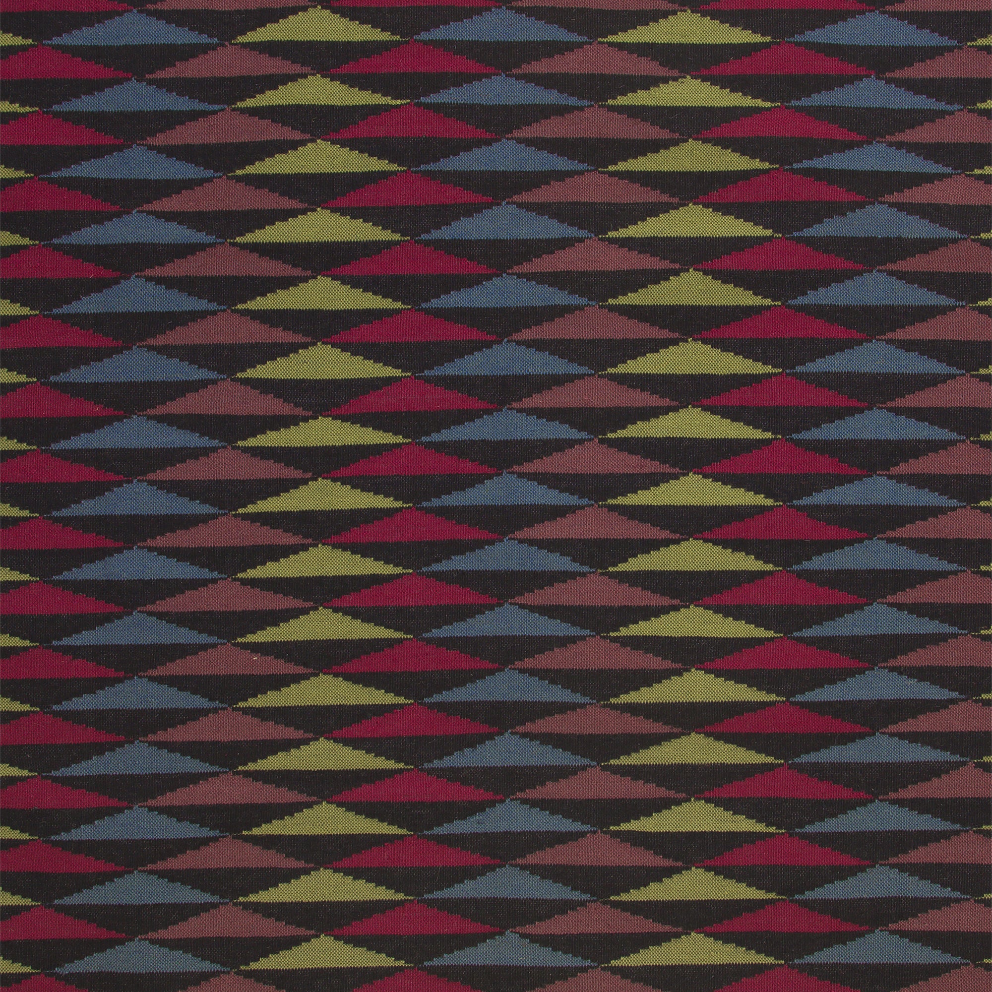 Trio Rug in Jewel, a stacked triangle pattern with black, ruby red, blue, heather purple and yellow. 