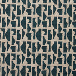 Fabric swatch with a geometric sculptural vessel motif in dark blue on a textured woven linen in oatmeal.