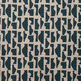 Fabric swatch with a geometric sculptural vessel motif in dark blue on a textured woven linen in oatmeal.