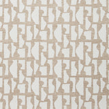 Fabric swatch with a geometric sculptural vessel motif in white on a textured woven linen in oatmeal.