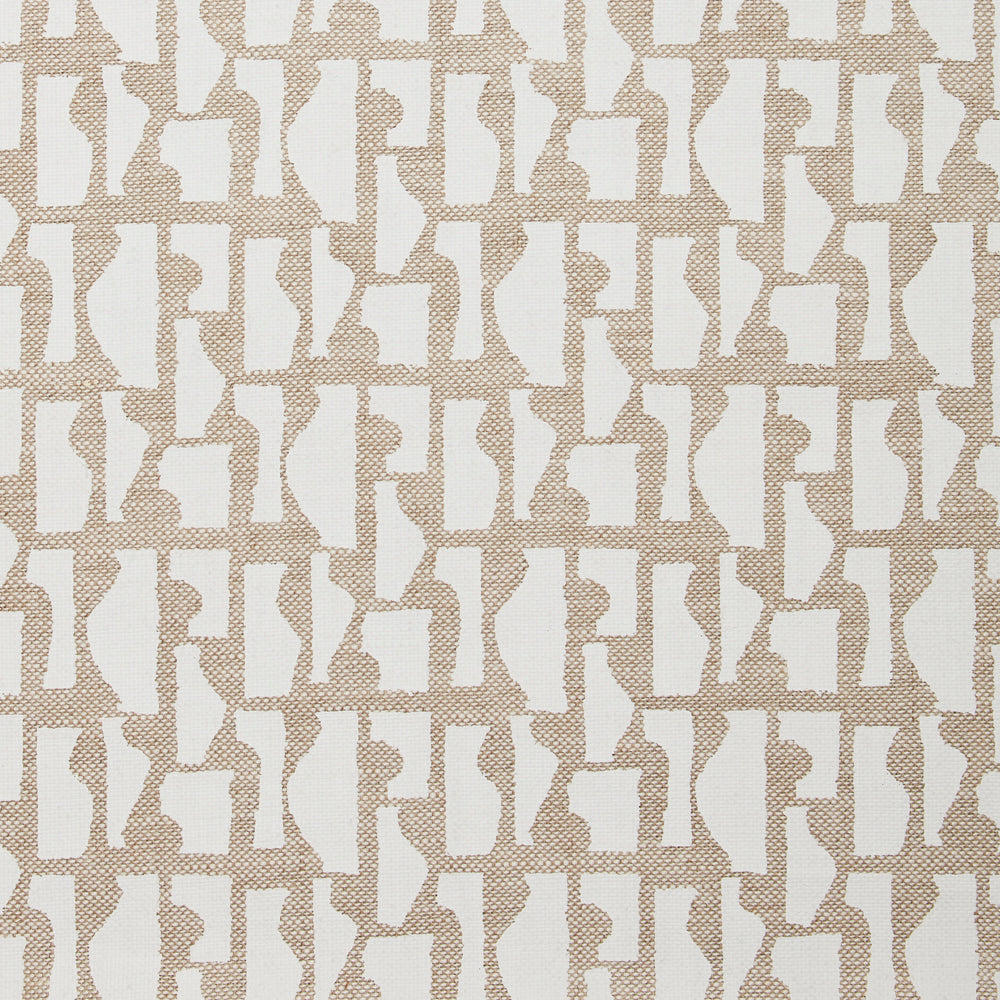 Fabric swatch with a geometric sculptural vessel motif in white on a textured woven linen in oatmeal.
