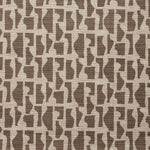 Fabric swatch with a geometric sculptural vessel motif in dark taupe on a textured woven linen in oatmeal.