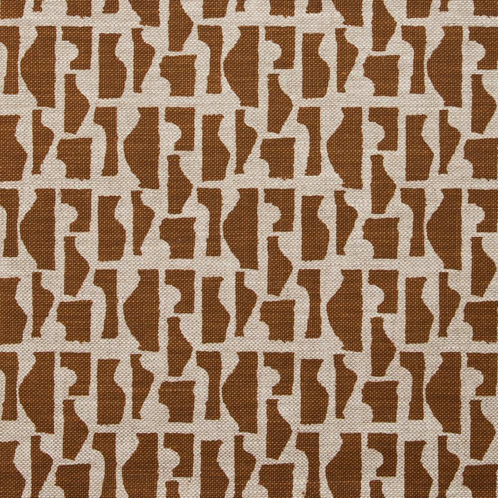 Fabric swatch with a geometric sculptural vessel motif in chocolate brown on a textured woven linen in oatmeal.