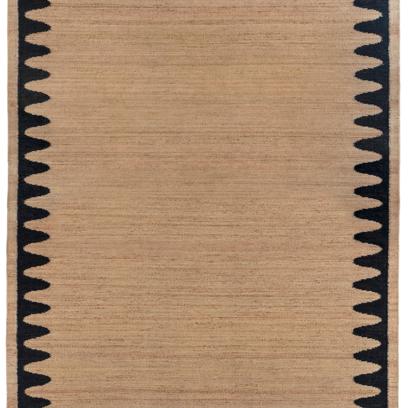 Waver Rug in Jet Black, a strated ecru field with a black flame stitch border. 