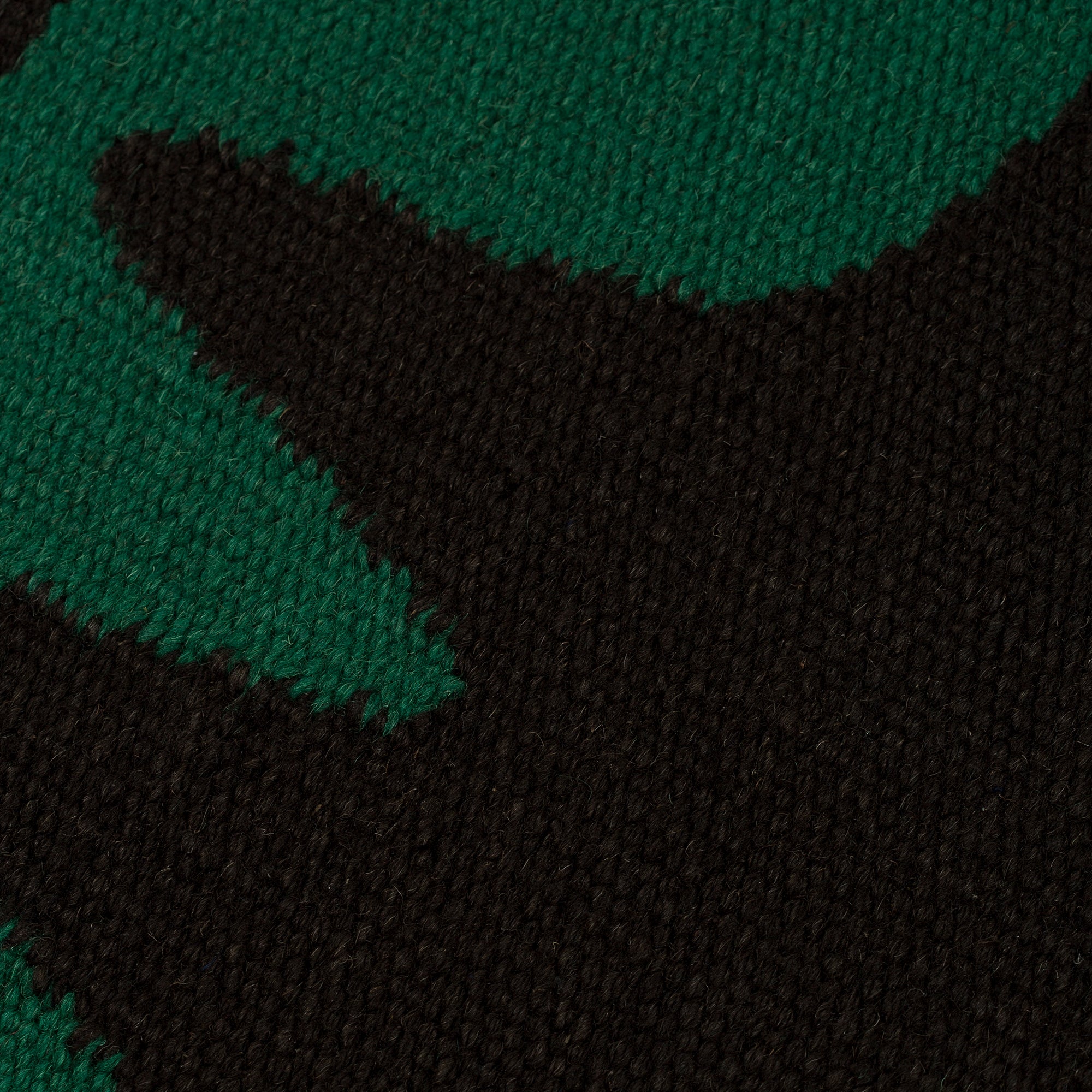 Detail of the Waver Rug in Modernist Green, a solid black field with a green flame stitch border. 