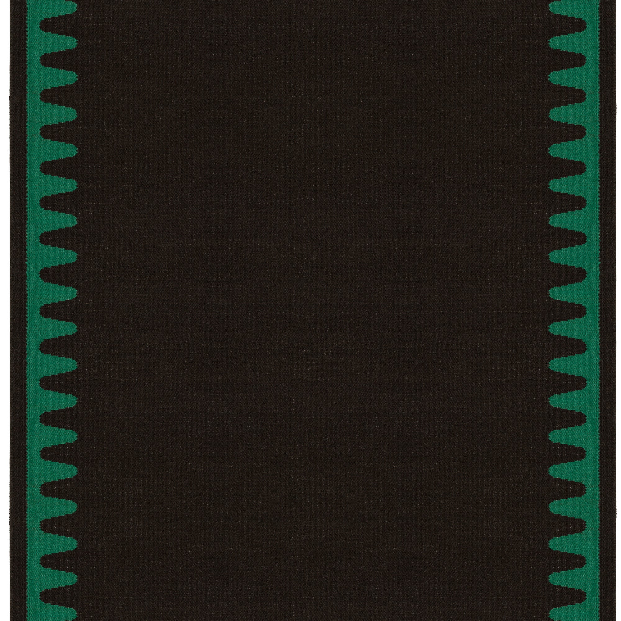 Waver Rug in Modernist Green, a solid black field with a green flame stitch border. 