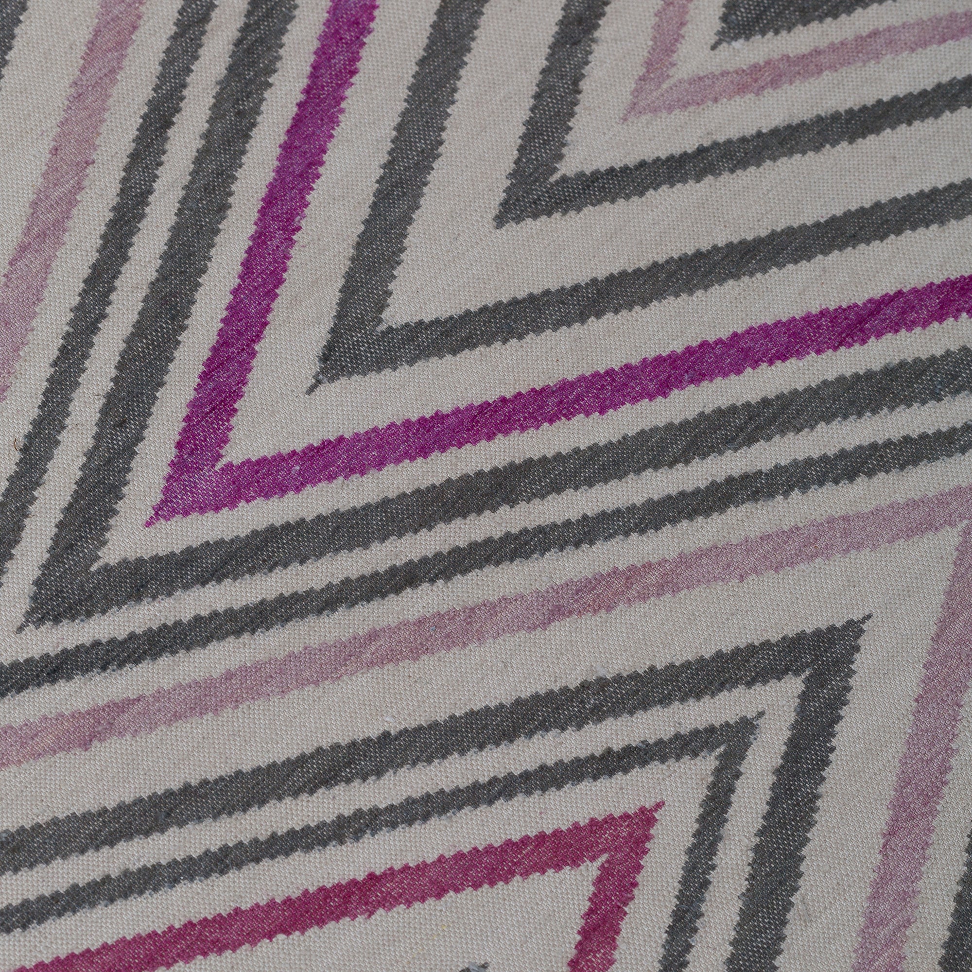 Detail of the Zig Zag Rug in Ruby-Rose, a mutli color zig zag pattern in fucshia, magenta, link and charcoal on a white field. 