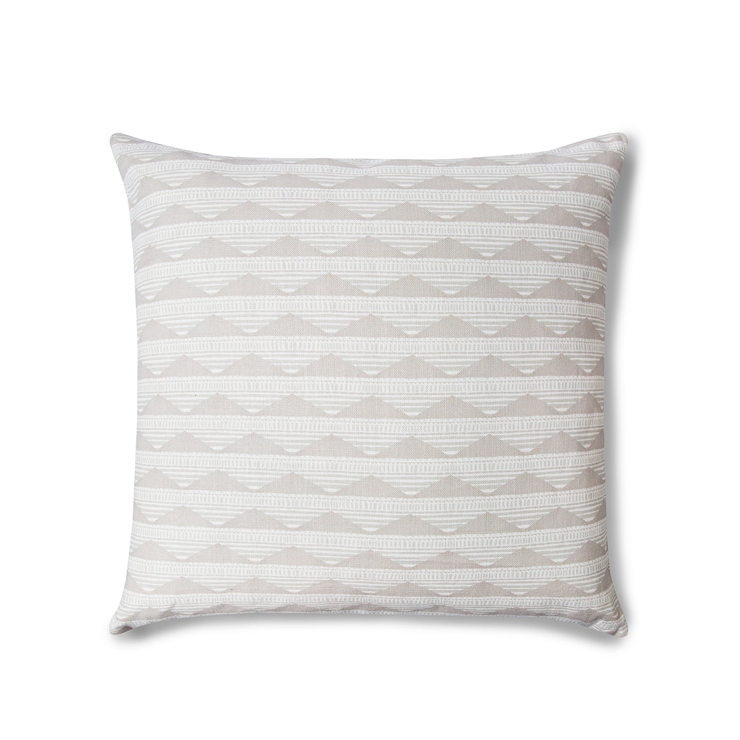Square throw pillow in a linear pattern with a sand dune-shaped triangle stripe motif in shades of cream and white.