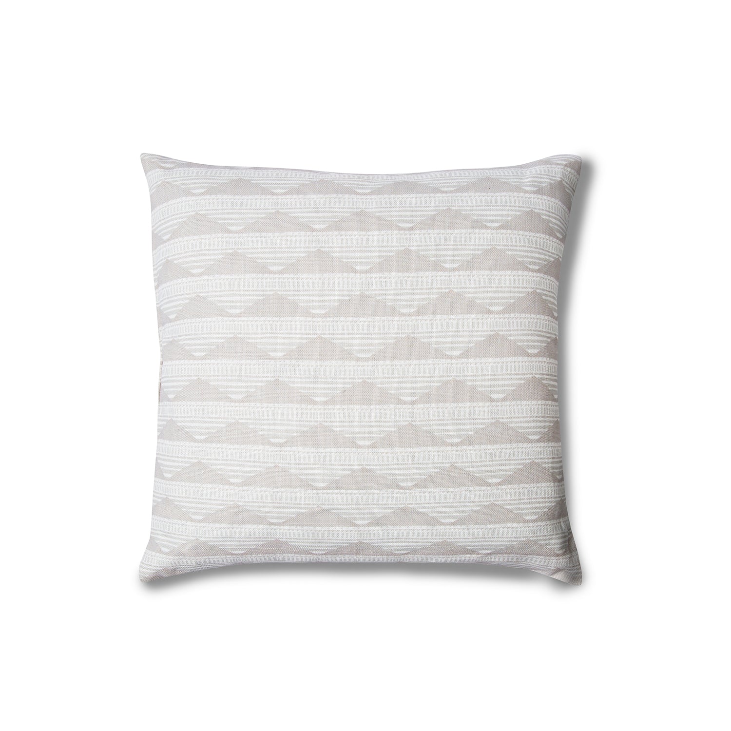 Square throw pillow in a linear pattern with a sand dune-shaped triangle stripe motif in shades of cream and white.