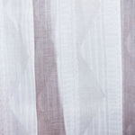 Close-up sheer linen fabric swatch in a horizontal stripe pattern broken with triangluar shapes, in shades of white.