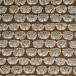 Indian-inspired floral line drawings arranged in a striped pattern on woven fabric. White on brown background.