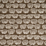 Indian-inspired floral line drawings arranged in a striped pattern on woven fabric. White on brown background.