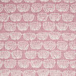 Indian-inspired floral line drawings arranged in a striped pattern on woven fabric. White on pink background.