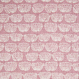 Indian-inspired floral line drawings arranged in a striped pattern on woven fabric. White on pink background.