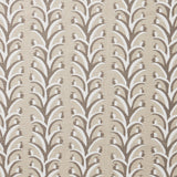 Fabric swatch with a horizontal striped pattern of curved branches topped with tiny fruits, in shades of tan, taupe and white.