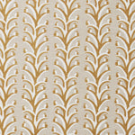 Fabric swatch with a horizontal striped pattern of curved branches topped with tiny fruits, in shades of tan, cream and white.