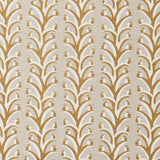 Fabric swatch with a horizontal striped pattern of curved branches topped with tiny fruits, in shades of tan, cream and white.