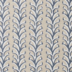 Fabric swatch with a horizontal striped pattern of curved branches topped with tiny fruits, in shades of tan, slate and white.
